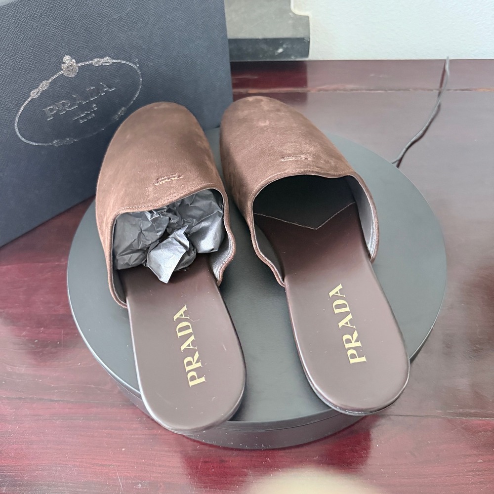 Prada 2S2986 Brown Suede Mules Gold Logo Slip On Loafers Mens Shoes 9.5 - Picture 7 of 11